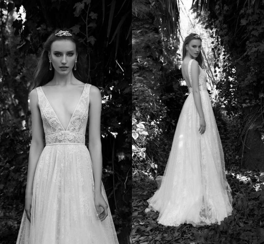 2016 Gali Karten Lace Backless Beach Wedding Dresses Sexy Deep V Neck Pearls A Line Floor Length