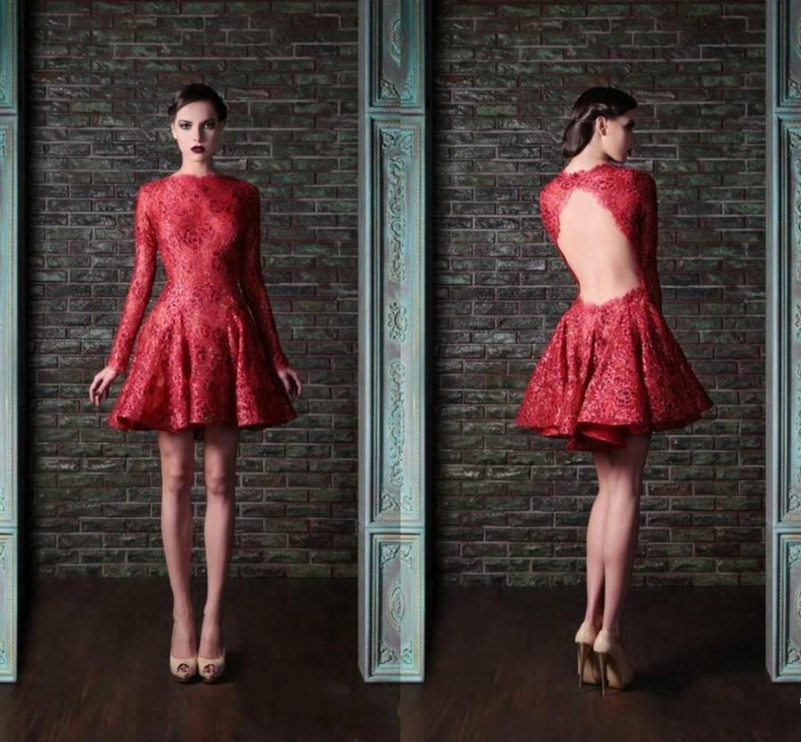 زفاف - Modest 2016 Red Short Mini Prom Dresses Crew Backless Beading Lace Long Sleeves Cocktail Dress Party Custom Special Occasion Dresses Online with $104.02/Piece on Hjklp88's Store 