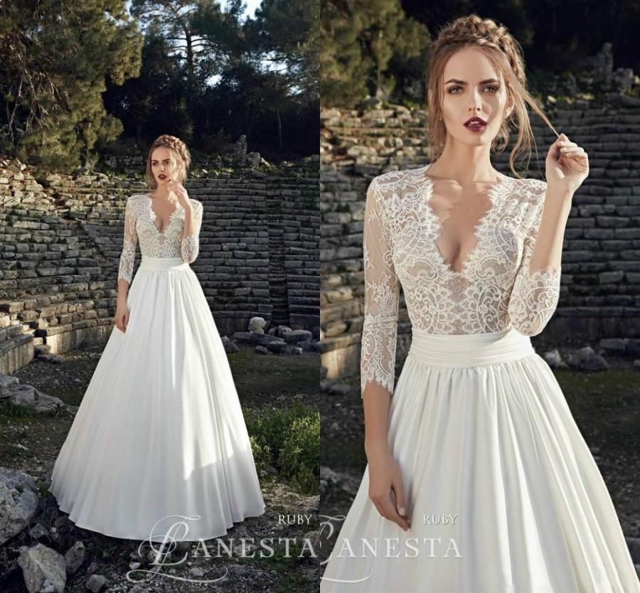 Wedding - Elegant 2016 A-Line Wedding Dresses Sheer V Neck with 3/4 Long Sleeves Chapel Train Satin Spring Fall Wedding Ball Bridal Gowns Cheap Online with $109.03/Piece on Hjklp88's Store 