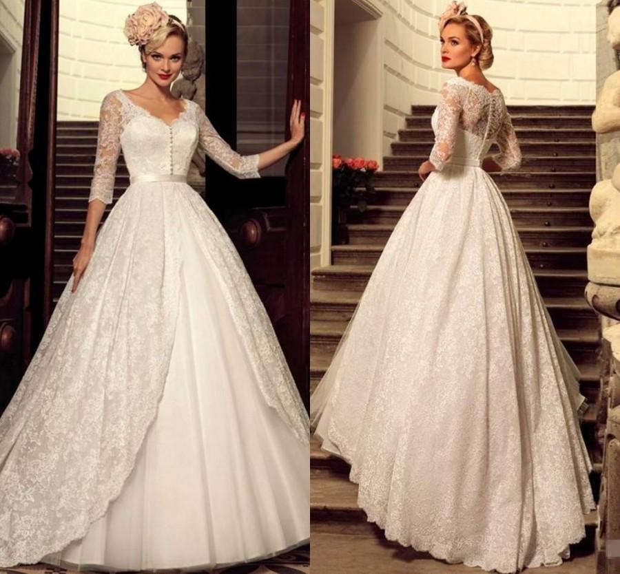 Mariage - Designer 2016 Plus Size Vintage Full Lace Wedding Dresses Bridal Dress 3/4 Long Sleeve Cheap V-Neck Sheer Princess Bridal Ball Gown Online with $112.12/Piece on Hjklp88's Store 