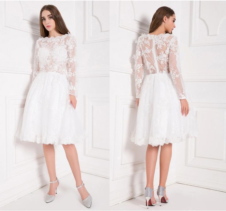 Hochzeit - Stunning Short 2016 Sheer Long Sleeves Wedding Dresses Gowns Illusion Bodice Knee Length Country Style Short Beach Lace Boho Bridal Gowns Online with $96.65/Piece on Hjklp88's Store 