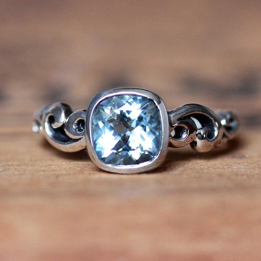 Wedding - Aquamarine ring engagement - March birthstone ring - unique aquamarine ring - bezel set ring - swirl band - made to order - water dream ring