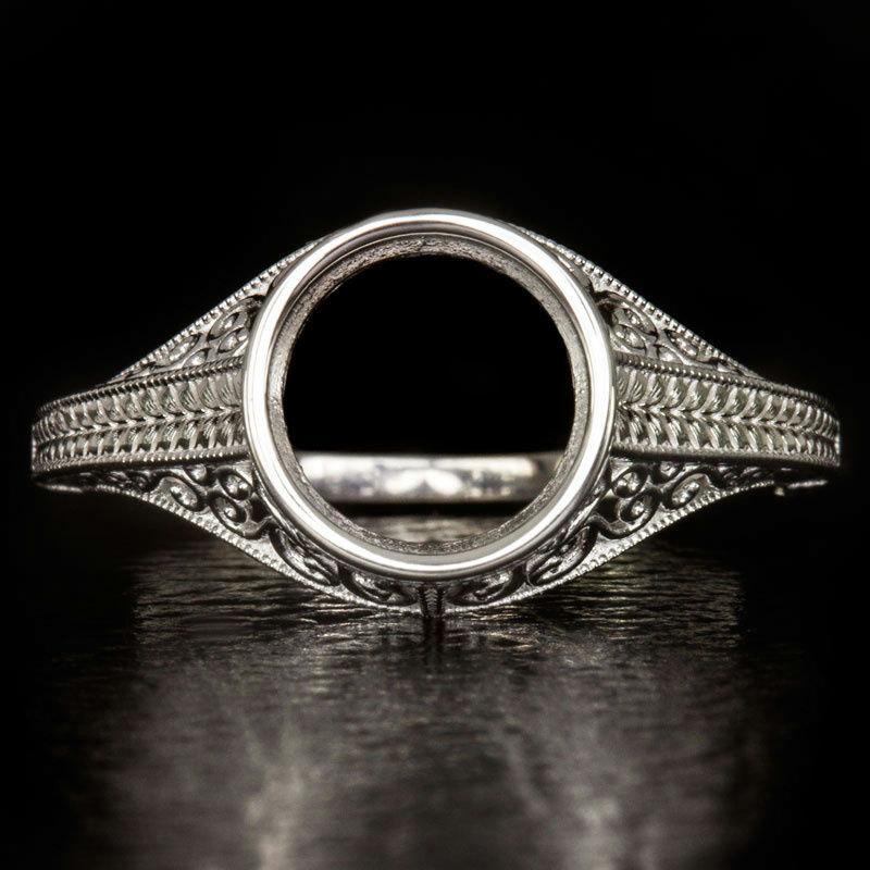 Wedding - 2ct Round Art Deco Bezel Engagement Ring Setting Engraved Filigree Milgrain Vintage Antique 14K White Gold Semi-Mount 8mm 7334
