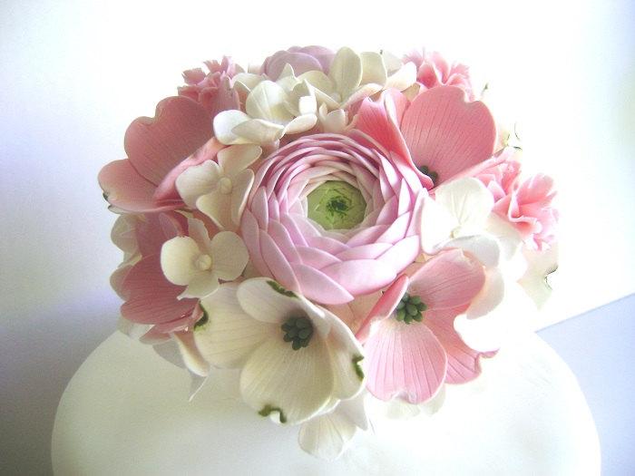 Hochzeit - Wedding Cake Topper Dogwoods Hydrangea Carnation and Ranunculus Wedding Cake Flower centerpiece