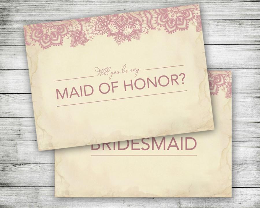 Wedding - Printable Will You Be My Bridesmaid and Will You Be My Maid Of Honor Cards - Digital PDF File - Blush Pink Lace on Vintage Background