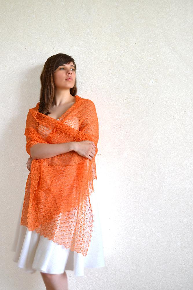 Свадьба - Orange Scarf Nectarine Linen Shawl Koi Lace Wrap Bridesmaids Stole Knitted Sheer Lace Scarf