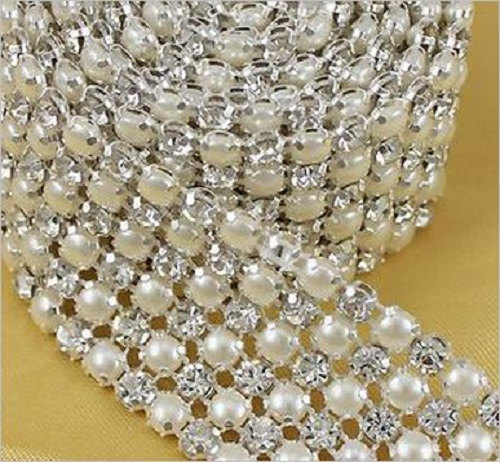 Diamante & White pearl ribbon trim string base  wedding cake decoration 1yrd