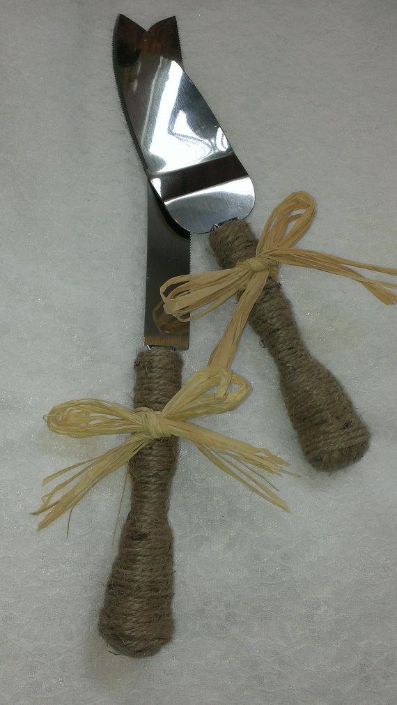 Mariage - Wedding Twine Jute Cake Serving Set Raffia Bow Knife Shabby Chic Rustic Southern Country