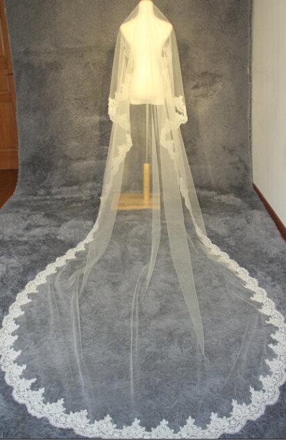 Свадьба - Wedding Veil, Bridal Veil, cathedral veil, Alencon Lace veil 3 meters veil, white veil, ivory veil, hand-beaded veil pearl sequins veil veil