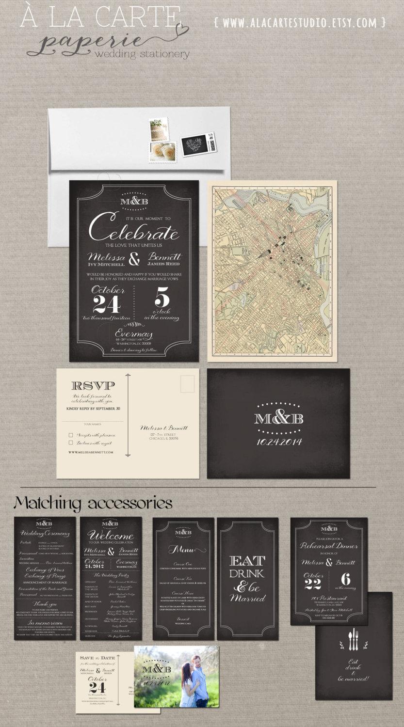 Hochzeit - Art Deco Chalkboard Inspired Wedding Invitation RSVP Card - Elegant Vintage Wedding Suite with vintage map