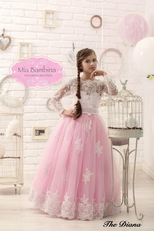 زفاف - White and Pink Flower Girl Dress, Lace and Tulle flower girl dresses with long sleeve easter dress, rustic flower girl dress, birthday dress