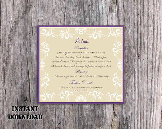 Hochzeit - DIY Wedding Details Card Template Editable Word File Download Printable White Details Card Purple Details Card Elegant Enclosure Card