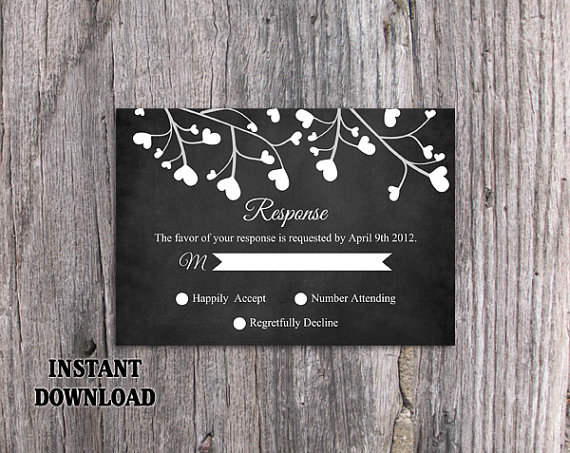 Mariage - DIY Wedding RSVP Template Editable Word File Instant Download Chalkboard Rsvp Template Printable Black & White Rsvp Heart Rsvp Elegant Rsvp