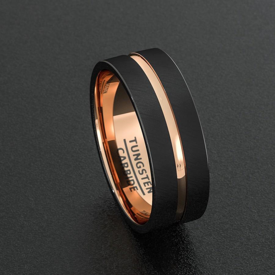 Mariage - Mens Wedding Band Tungsten Ring Two Tone 8mm Black Brushed Rose Gold Center Groove Flat Edge Rose Gold Inner Comfort Fit