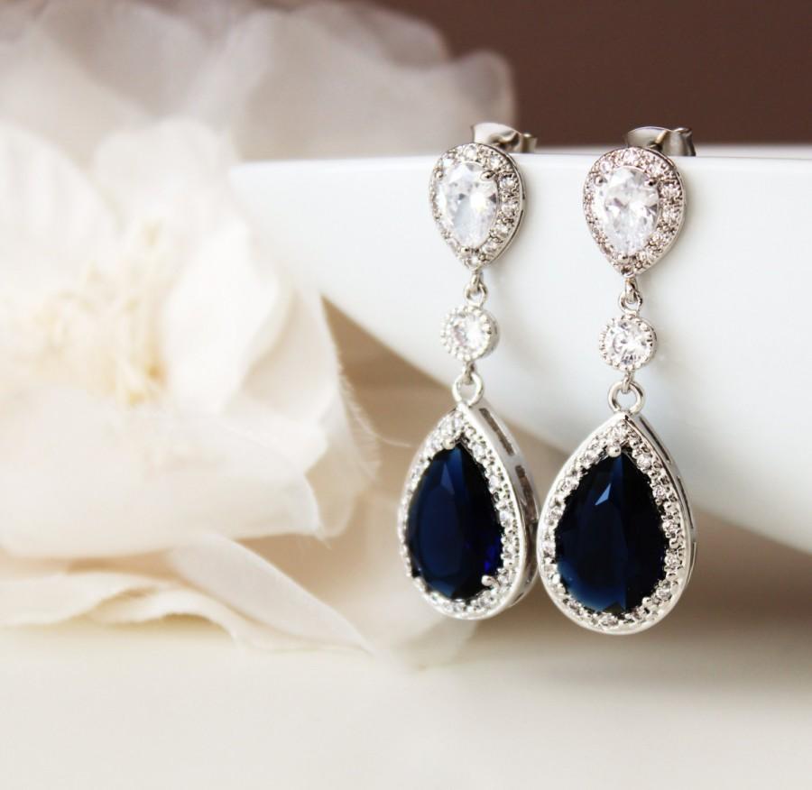 Hochzeit - Sapphire Blue Wedding Jewelry Bridal Earrings Long Bridal Earrings Teardrop cubic zirconia earrings Crystal bridal earrings something blue