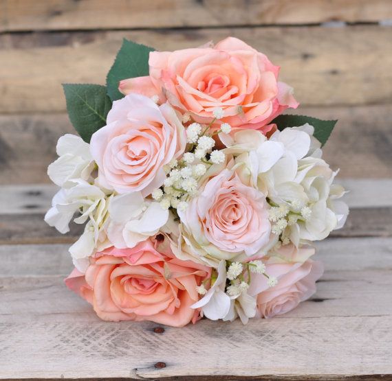 Hochzeit - Silk Wedding Bouquet, Wedding Bouquet, Keepsake Bouquet, Bouquet Peach Rose , White Hydrangea And Babies Breath Wedding Bouquet