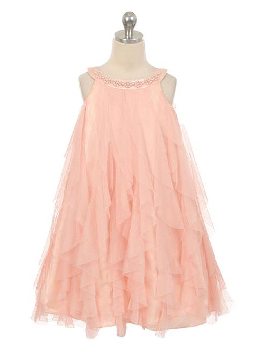 Mariage - Elegant Mesh Ruffle Dress with Pearl Beading on the Neckline