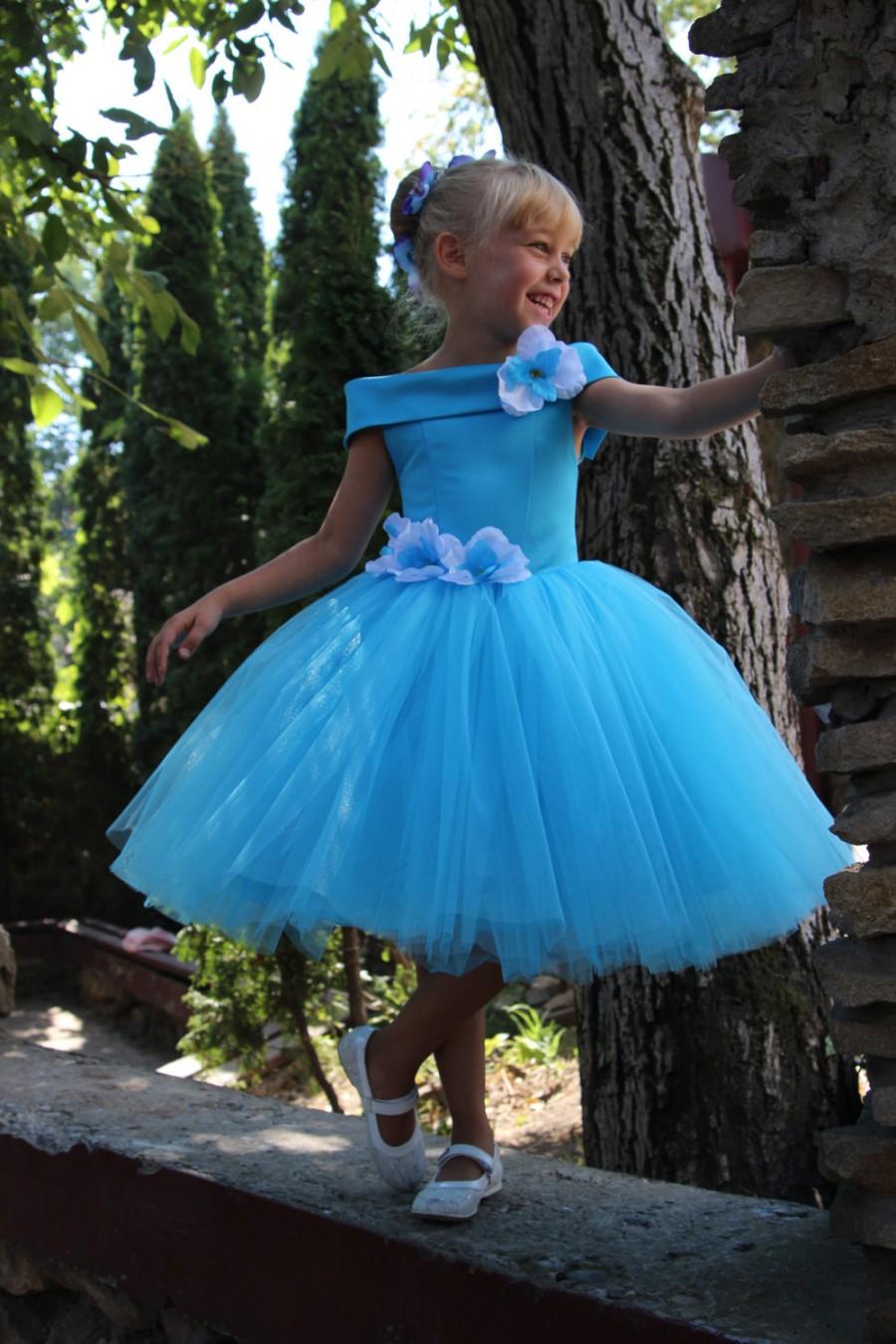 Mariage - Blue Flower Girl Dress - Birthday Wedding Party Holiday Peasant Bridesmaid Tulle Blue Aquamarine Dress