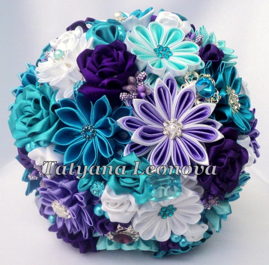 Hochzeit - Fabric Wedding Bouquet, Brooch bouquet "Melissa" Turquoise, White and Purple
