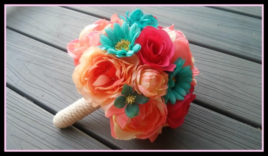 Mariage - coral and aqua bouquet, pink and blue bouquet, beach wedding bouquet, nautical bouquet, pink, blue, coral, aqua, teal, beach, turquoise