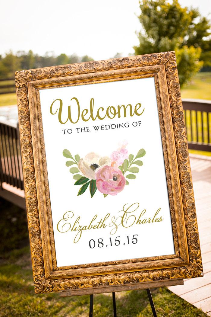 Hochzeit - PRINTABLE - Blush & Gold Wedding Decor, Large Custom Wedding Sign, Hashtag Wedding Sign, Vintage Wedding, Welcome Sign