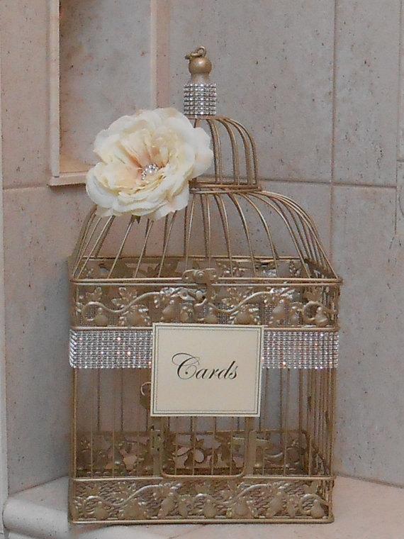 Hochzeit - Large Birdcage Wedding Card Holder / Champagne Gold Birdcage / Wedding Box / Elegant Wedding / Gold Birdcage / Wedding Cardholder