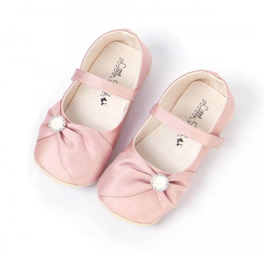 Wedding - Blush Wedding Shoes Girls Shoes Flower Girl Shoes Wedding Flats Mary Janes Blush Baby Shoes Blush Toddler Shoes Bow Shoes