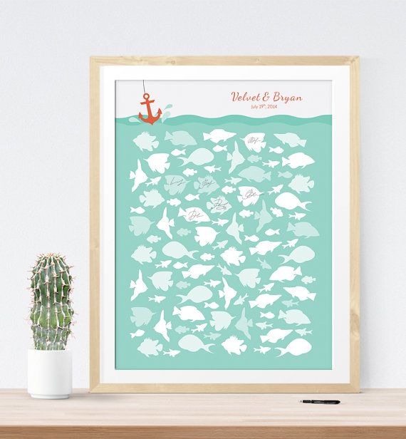 Свадьба - Canvas Guest Book Alternative With Fish In Ocean - Beach Wedding Guest Book - Baby Shower Guest Book - Nautical Guestbook CANVAS
