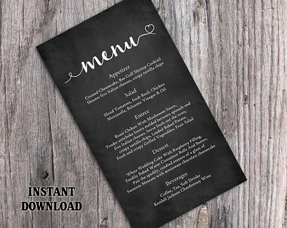 زفاف - Chalkboard Wedding Menu Template DIY Menu Card Template Editable Text Word File Download Black & White Menu Heart Menu Card Printable Menu