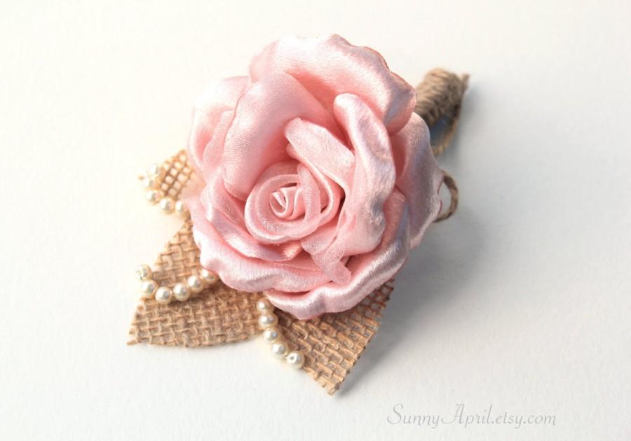زفاف - Blush Pink Rose Burlap Boutonniere/ Handmade Rustic Wedding Accessory