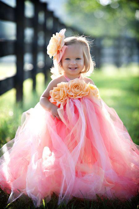 Mariage - Coral Peach Custom Dreams Fancy Little Girls Long Tutu Dress, Baby Girls Princess Wedding, Party, Pink, White, Ivory, Christmas Red