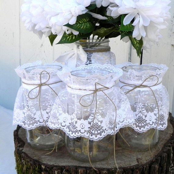 Hochzeit - Items Similar To 4 Rustic Lace Mason Jars, Centerpiece, Flower Vase, Candy Jars, Place Card Holders, Table Numbers On Etsy