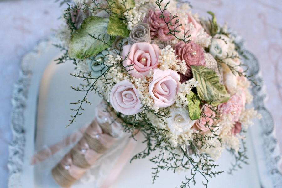 Wedding - Brides Wedding Bouquet, Sola Roses, Handmade Fabric Flowers, Lace Flowers, Blush Pink Bridal Flowers, Sage Green, Natural Wedding Flowers