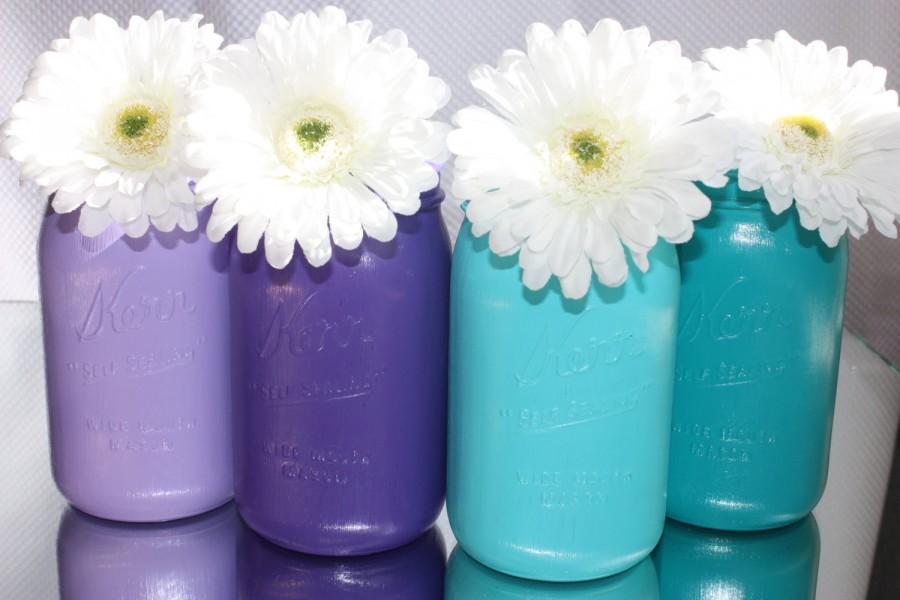 Mariage - Wedding centerpiece  painted mason jars (  set of 4 ) peacock themed these are perfect for a peacock theamed wedding reception