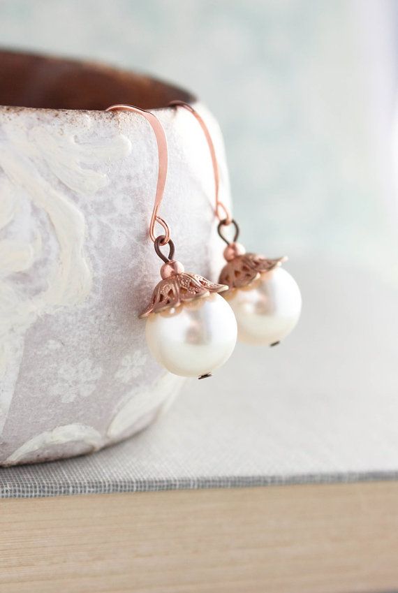 Wedding - Pearl Drop Earrings Ivory Cream Pearls Antiqued Rose Gold Copper Filigree Modern Dangle Earrings Nickel Free Bridesmaids Gift For Women