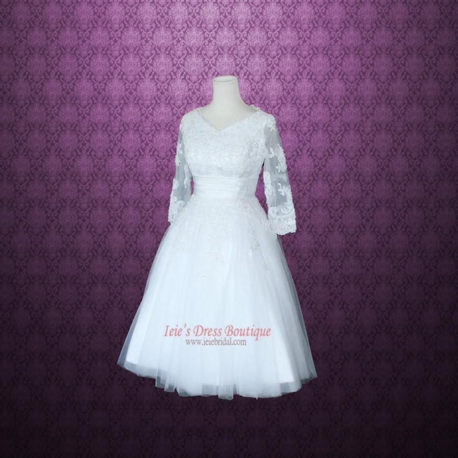 Hochzeit - Modest Retro 50s Tea Length Lace Wedding Dress with 3/4 Sleeves  