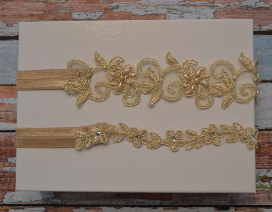 Hochzeit - Champagne/Gold Wedding Garter, SALE Gold Beaded Lace Bridal Garter Belt With Pearls and Sequins