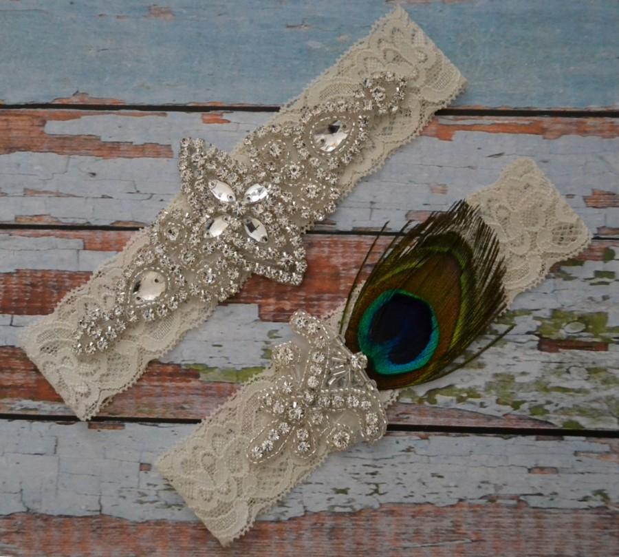 Свадьба - Peacock Wedding Garter, Rhinestone and Peacock Wedding Garter Set, Ivory or White Peacock Feather Bridal Garter Belt,