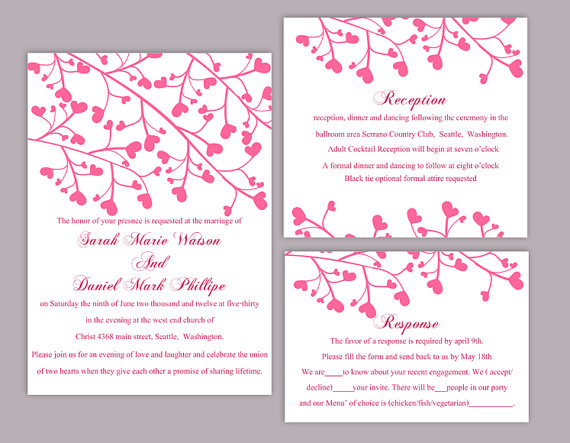 Свадьба - DIY Wedding Invitation Template Set Editable Word File Instant Download Printable Invitation Pink Wedding Invitation Heart Invitation