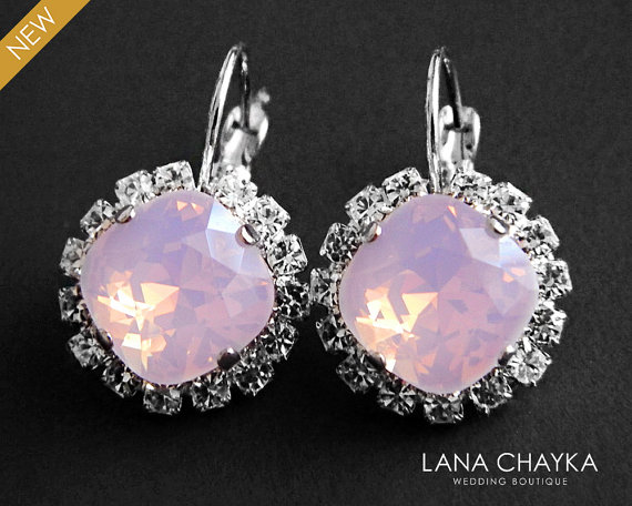 Hochzeit - Rose Water Opal Halo Earrings Swarovski Pink Opal Crystal Rhinestone Silver Earrings Light Pink Leverback Hypoallergenic Earrings Weddings