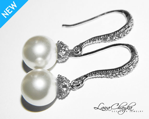 Hochzeit - Wedding White Drop Pearl Earrings White Pearl Bridal Earrings Sterling Silver CZ Pearl Earrings Swarovski Pearl Small Earring Bridal Jewelry