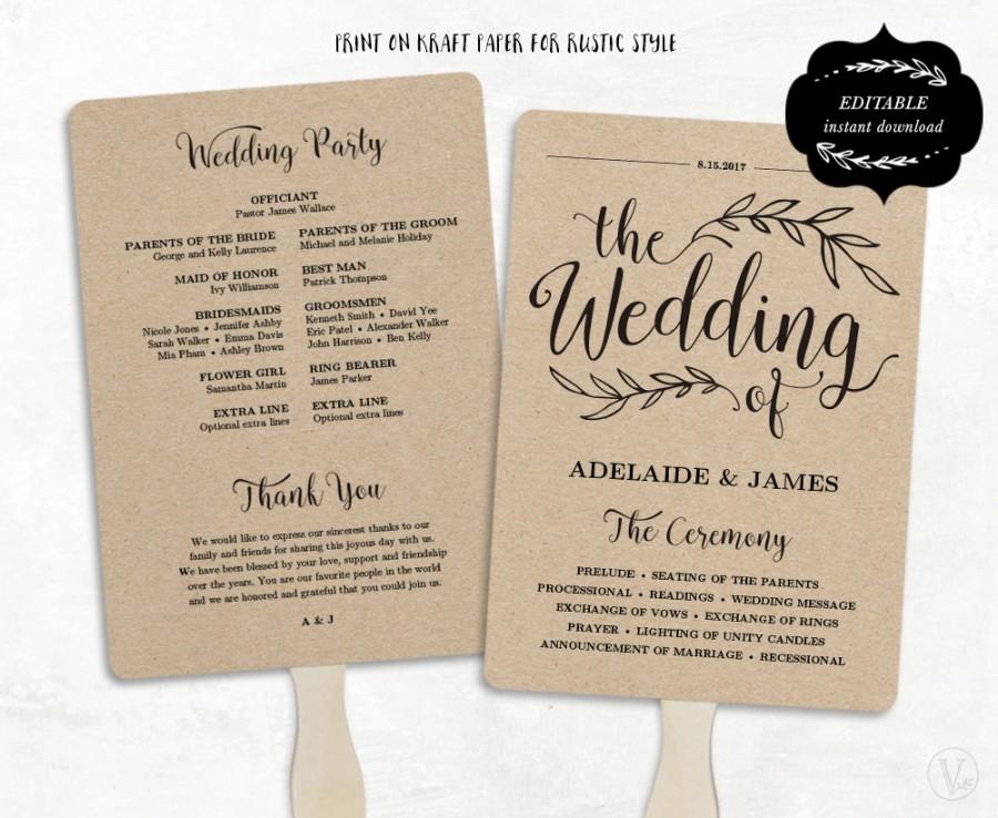 زفاف - Printable Wedding Program Template, Fan Wedding Program, Kraft Paper Program, Wedding Fans, Editable text, 5x7, Wedding Calligraphy