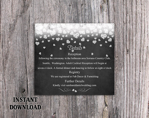 Hochzeit - DIY Wedding Details Card Template Editable Word File Instant Download Printable Chalkboard Details Card Heart Details Card Enclosure Card