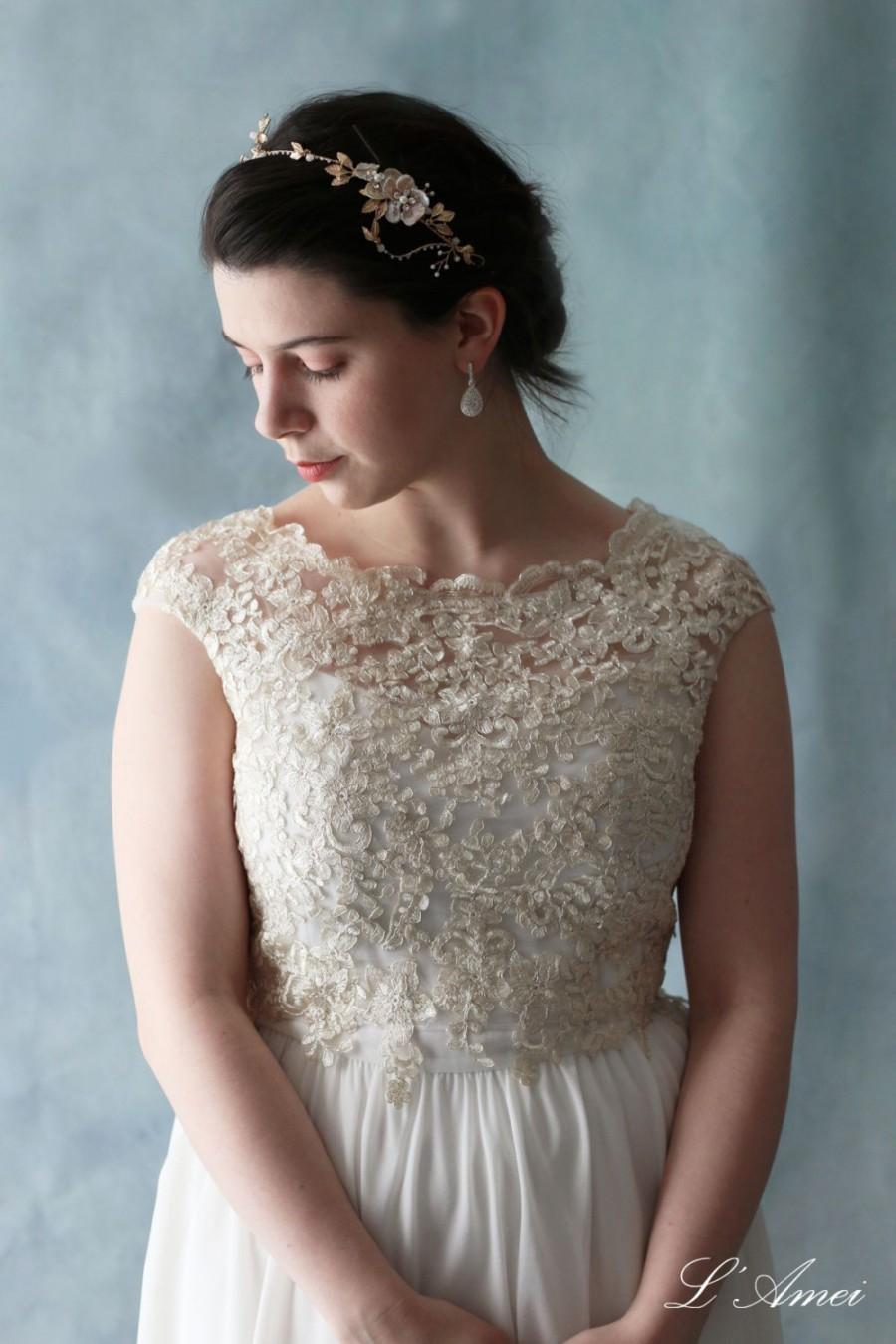 Hochzeit - Custom Golden French Lace Floor Length Wedding or Prom Dress, Romantic Wedding Gown - 7790027