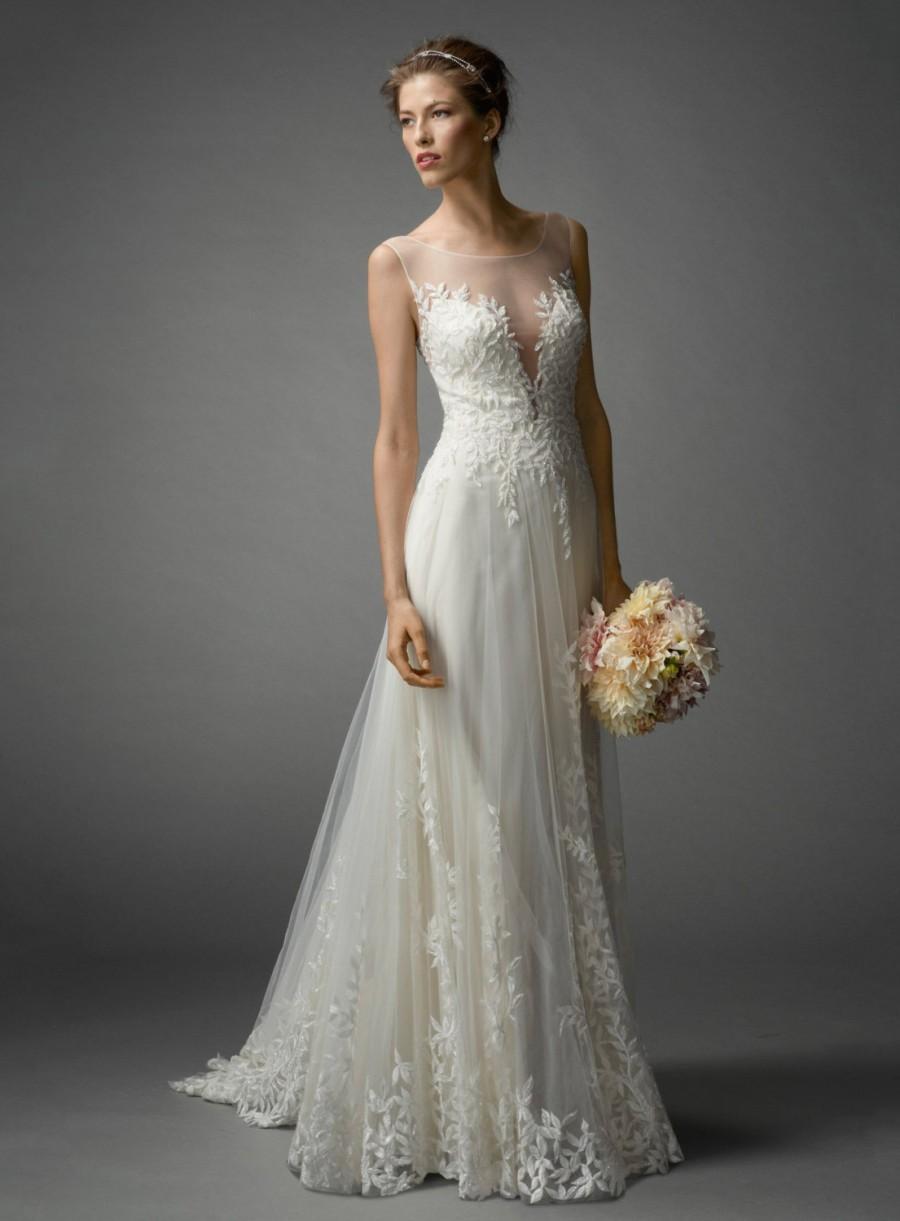 Mariage - Ivory Romantic Wedding Dress Lace// Column Bridal Dress Chiffon// Round Neckline Sheer Back Button Sexy Bridal dress// Customer's Request