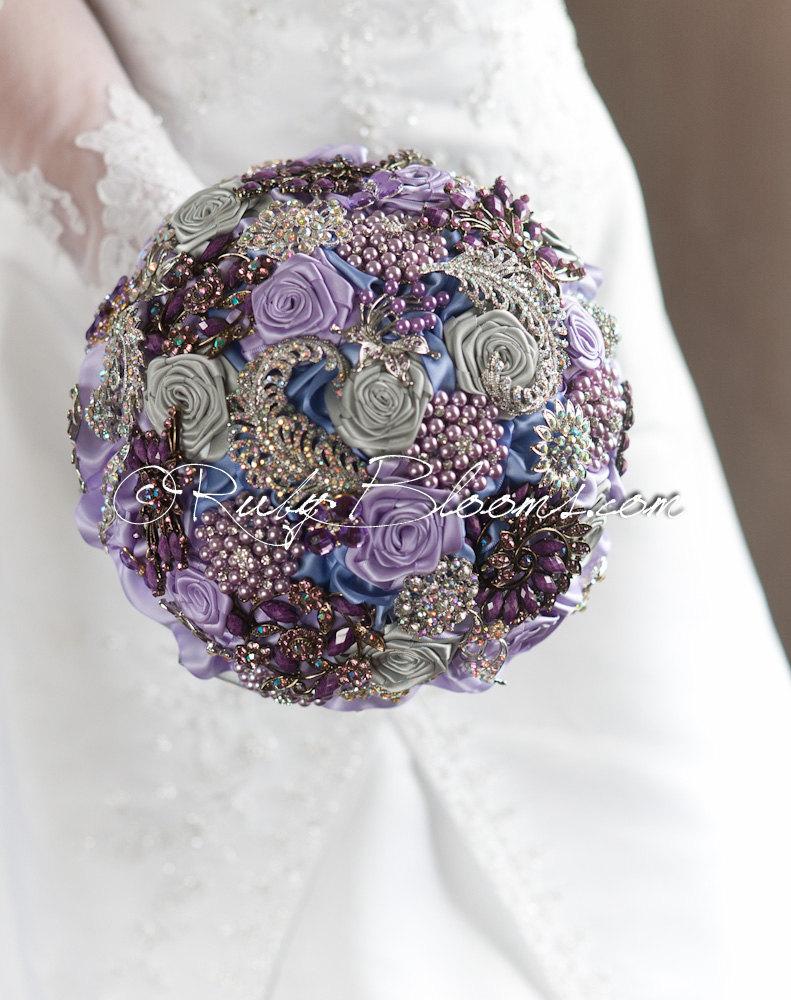 Wedding - Pewter Lavender Wedding Brooch Bouquet. "Lavender Delight" Iris, Purple Aubergine Grey Brooch Bouquet. Crystal Silver Bridal Broach Bouquet