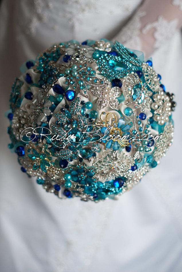 Wedding - Silver Blue Jewelry Wedding Brooch Bouquet. “Sapphire Blue” Silver Crystal Jeweled, Turquoise Bridal Broach Bouquet, by Ruby Blooms