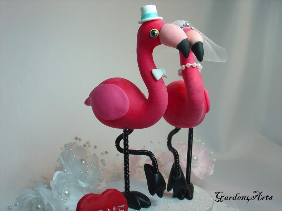 Свадьба - Unique Custom Wedding Cake Topper--Elegant Hot Pink Flamingo Love with beautiful stand