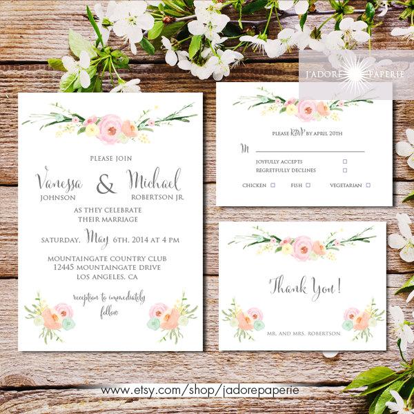 Wedding - Gorgeous Floral Watercolor Invitation Set, Wedding Invitation, Watercolor, Printable Wedding Invite, RSVP, Thank You Card, jadorepaperie