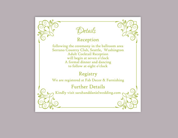 Wedding - DIY Wedding Details Card Template Editable Text Word File Download Printable Details Card Green Details Card Elegant Information Cards